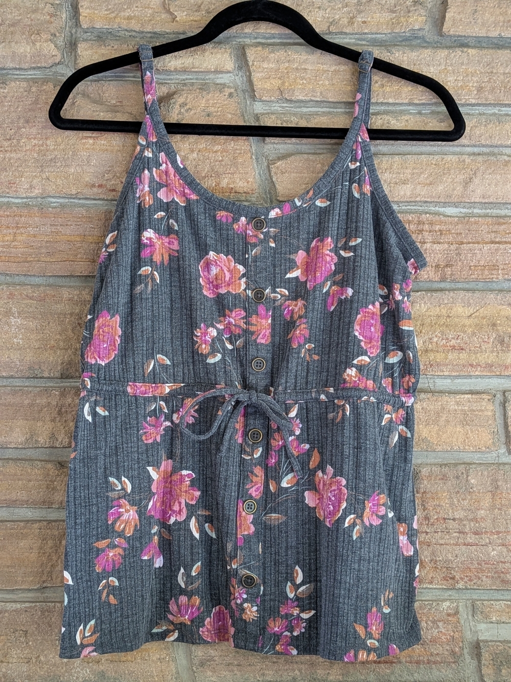 Maurices Charcoal Gray Floral Tank with Pink and Peach Blooms